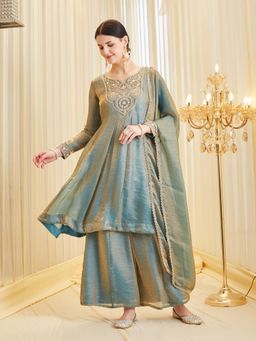 MOKOSH - Women Tropical Blue Silk Embroidered Anarkali Kurta And Palazzo with Dupatta
