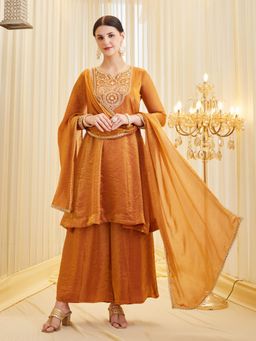 MOKOSH - Women Orange Silk Embroidered Anarkali Kurta And Palazzo with Dupatta