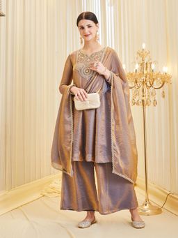 MOKOSH - Women Purple Blue Silk Embroidered Anarkali Kurta And Palazzo with Dupatta