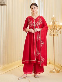 MOKOSH - Women Red Silk Embroidered Hand Work Kurta With Palazzo And Dupatta