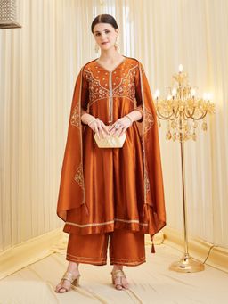 MOKOSH - Women Rust Silk Embroidered Hand Work Kurta With Palazzo And Dupatta