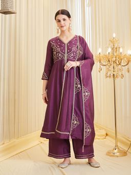 MOKOSH - Women Dark Purple Silk Embroidered Hand Work Kurta With Palazzo And Dupatta