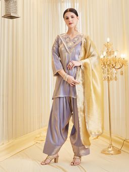 MOKOSH - Women Lavender Silk Embroidered Mirror Work Kurta With Farsi Salwar And Dupatta