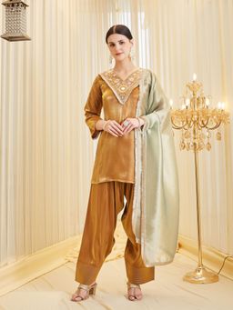 MOKOSH - Women Mustard Silk Embroidered Mirror Work Kurta With Farsi Salwar And Dupatta