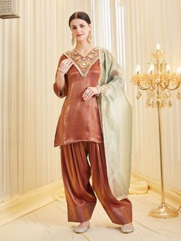 MOKOSH - Women Maroon Silk Embroidered Mirror Work Kurta With Farsi Salwar And Dupatta