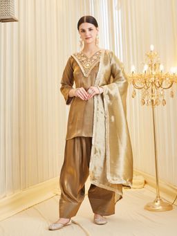 MOKOSH - Women Brown Silk Embroidered Mirror Work Kurta With Farsi Salwar And Dupatta