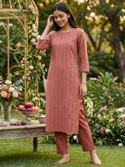 Shaily - Women'S Rust Silk Blend Sequinned Striped Casual Kurta with Pant