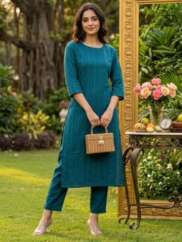 Shaily - Women'S Teal Silk Blend Sequinned Striped Casual Kurta with Pant