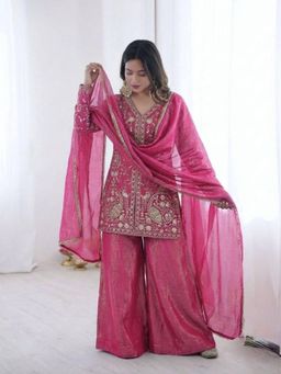 FAST FASHIONS - Embellished V-Neck Kurti with Palazzo & Dupatta