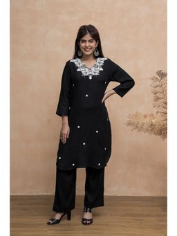 CUSTARD - Black Embroidery V Neck Cotton Kurta With Straight Pant For Women
