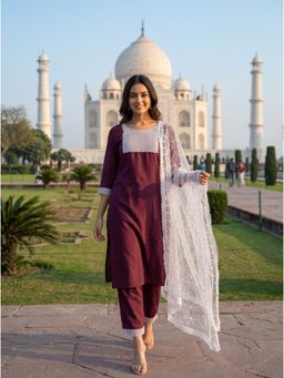 Shaily - Women'S Wine Silk Blend Embroidered Straight Kurta with Pant & Dupatta