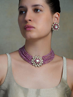 Joules By Radhika - Purple Glow Floral Choker with Earrings