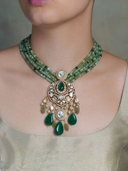 Joules By Radhika - Green Jade Polki Emerald Drop Necklace