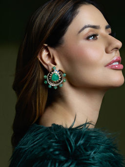 Joules By Radhika - Green Graceful Emerald Halo Chandbali Earrings