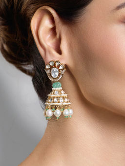 Joules By Radhika - Multi-Color Mint Kundan Pearl Jhumka Earrings