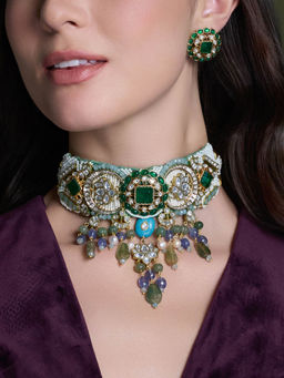 Joules By Radhika - Multi-Color Saanvi Kundan Choker with Earrings