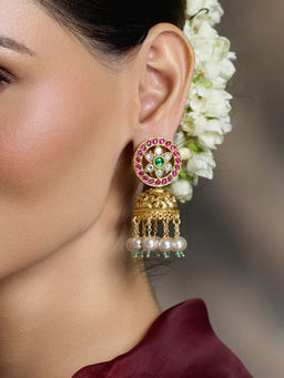 Joules By Radhika - Multi-Color Pearl Kundan Jhumka Earrings