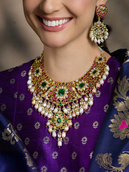 Joules By Radhika - Multi-Color Royal Bridal Polki Necklace with Earrings