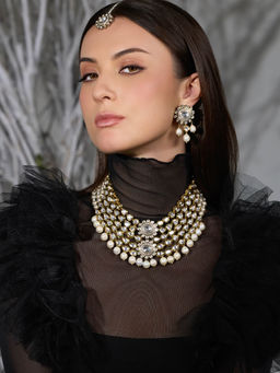 Joules By Radhika - White Sitara Pearl Cascade Necklace with Earrings & Maang Tikka