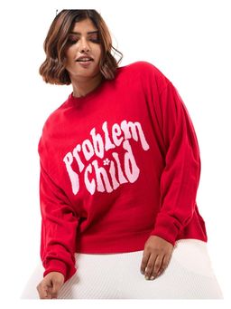 Bewakoof - Women's Red & Pink Problem Child Typography Super Loose Fit Plus Size Sweater
