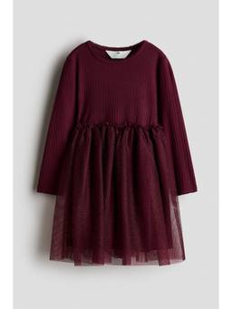 H&M - Girls Red Long-Sleeved Tulle-Skirt Dress