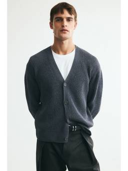H&M - Men Grey Relaxed Fit Patent-Knit Chenille Cardigan