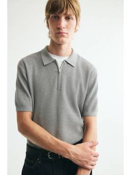 H&M - Men Grey Slim Fit Zip-Top Polo T-Shirt