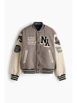 H&M - Men Beige Motif-Detail Baseball Jacket