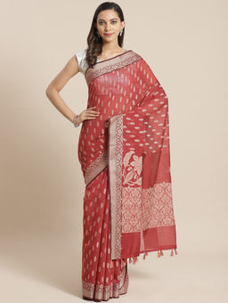 Indethnic - Banarasi Maroon Woven Design Work Wear Saree With Unstitched Blouse