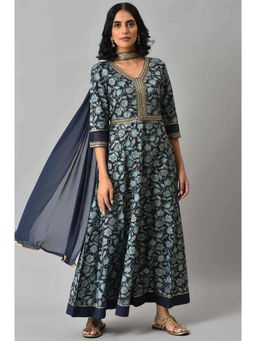 Aurelia - Blue Printed with Zari Liva Dress and Dupatta (Set of 2)