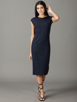 SHOWOFF - Womens Embellished Round Neck Navy Blue Midi Dress
