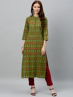 Kipek - Women Rayon Ikat Printed Straight Kurta Green