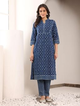 SAVI - Blue Pure Cotton Polka Print Straight Kurta with Pant (Set of 2)