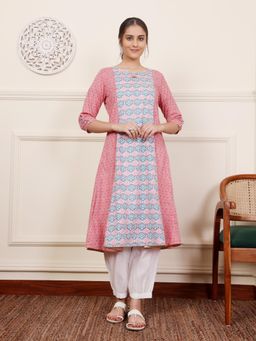 SAVI - Pink & Blue Cotton Blend Ethnic Motifs Printed with Thread Work Designer A-Line Kurta