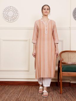 SAVI - Beige Yarn Dyed Striped Kurta