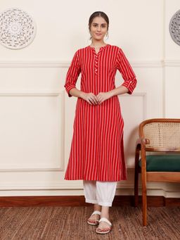 SAVI - Red Yarn Dyed Mandarin Collar Kurta