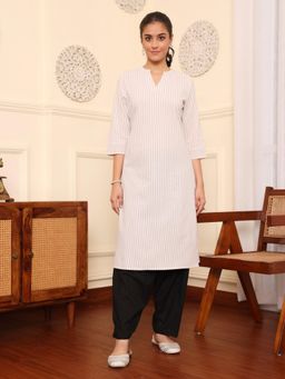 SAVI - Beige Yarn Dyed Striped Kurta