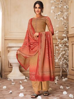 Stylee LIFESTYLE - Beige Pure Cotton Embroidered Dress Material (Set of 3)