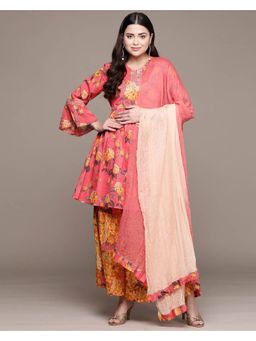 Aarke Ritu Kumar - Peach Floral Print Kurta with Palazzo and Dupatta (Set of 3)