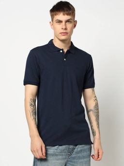 GAP - Men Navy Blue Cotton Collar Neck Solid Half Sleeves Polo T-Shirt