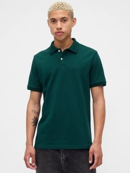 GAP - Men Green Cotton Collar Neck Solid Half Sleeves Polo T-Shirt