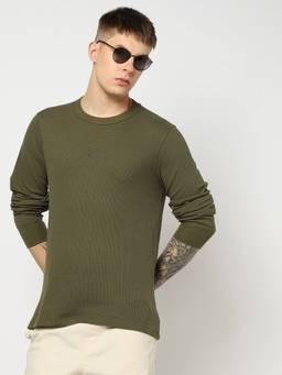 GAP - Men Olive Cotton Blend Crew Neck Textured Full Sleeves T-Shirt