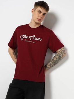 GAP - Men Maroon Cotton Crew Neck Embroidered Half Sleeves T-Shirt