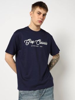 GAP - Men Navy Blue Cotton Crew Neck Embroidered Half Sleeves T-Shirt