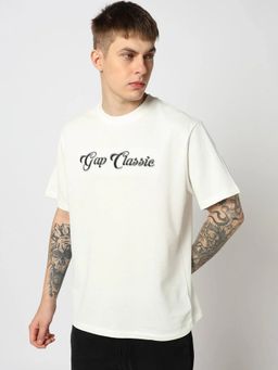 GAP - Men Off White Cotton Blend Crew Neck Typography Half Sleeves T-Shirt