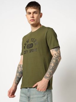 GAP - Men Olive Cotton Crew Neck Typography Half Sleeves T-Shirt