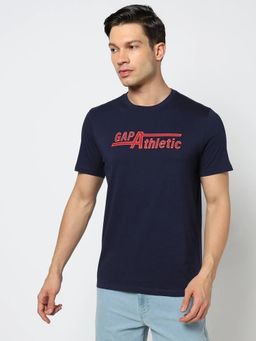 GAP - Men Navy Blue Cotton Crew Neck Typography T-Shirt