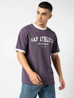 GAP - Men Purple Cotton Crew Neck Typography Half Sleeves T-Shirt