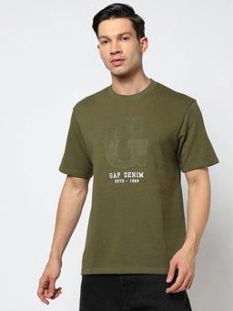 GAP - Men Olive Cotton Blend Crew Neck Typography Half Sleeves T-Shirt