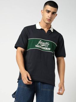 GAP - Men Navy Blue Cotton Collar Neck Colorblock Half Sleeves Polo T-Shirt